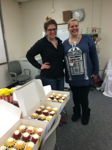 Lara Ruark (Right) stands with Olivia Marek, the direct marketing coordinator of KKDV. Marek came into Ruark's classroom with treats and interviewed her live on the air. (Photo courtesy of Debbie Warren) 